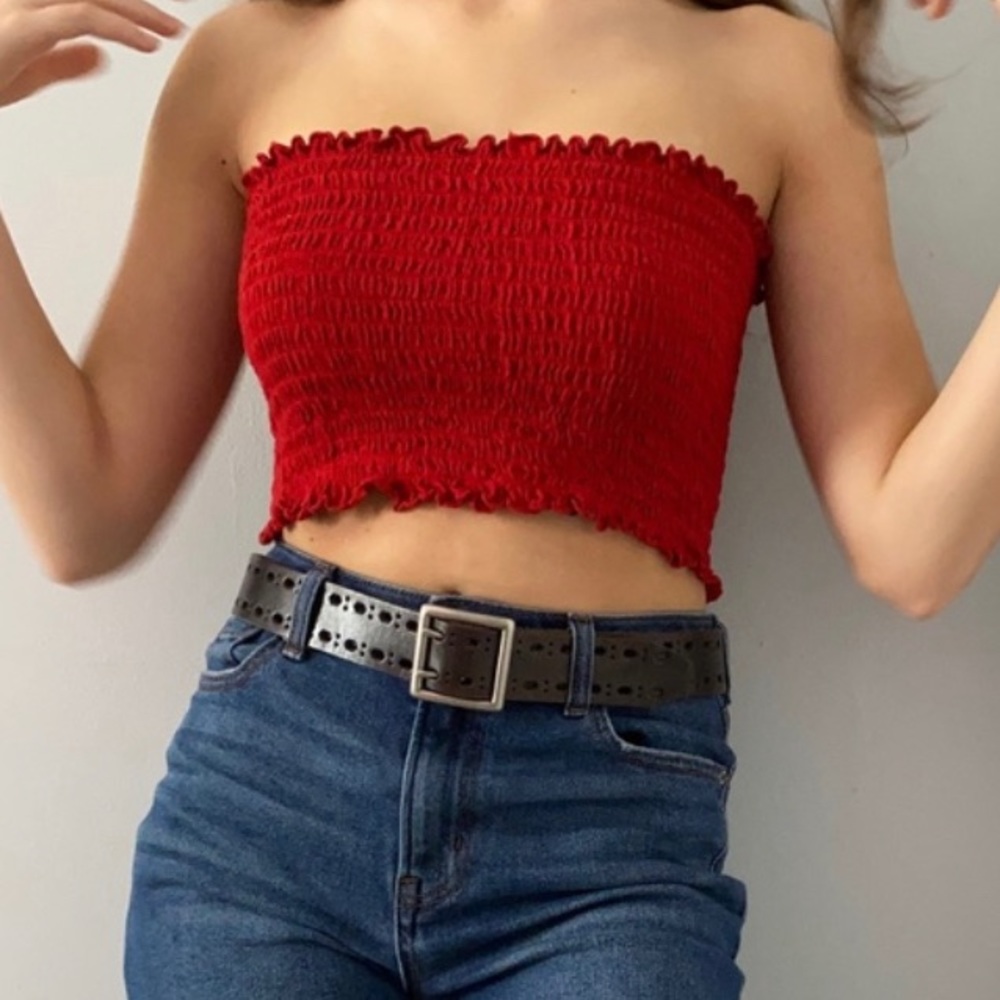 Red Brandy Melville Ruffled/Ruched Tube Top